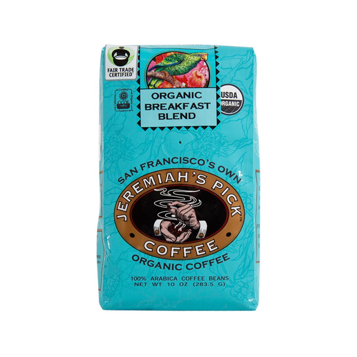 Organic breakfast blended coffee beans bag, 283.5 g, turquoise package with logo