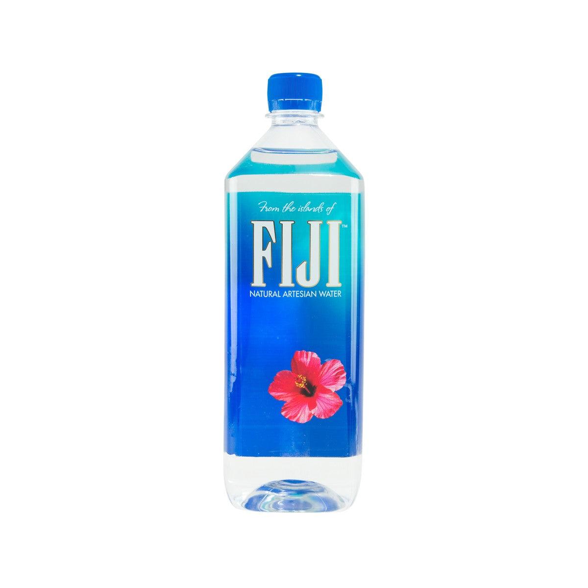 FIJI natural artesian water 1L bottle with blue cap and hibiscus graphic.