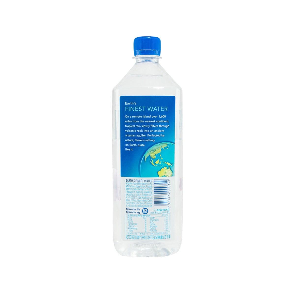 FIJI natural artesian water 1L bottle back label with barcode and product details.