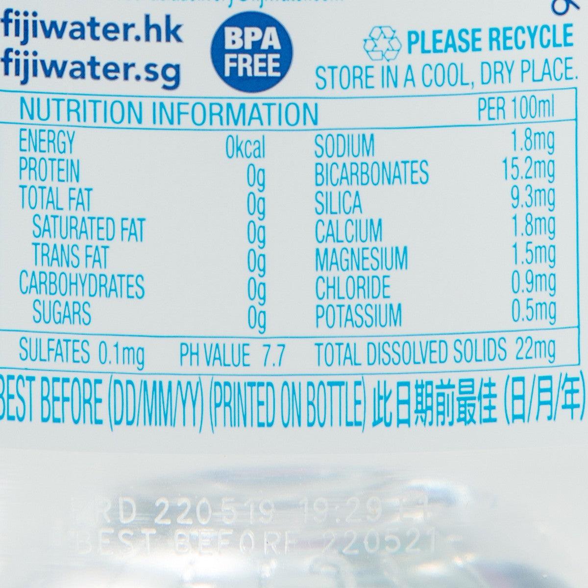 FIJI water nutrition facts panel on bottle label with minerals and pH value.