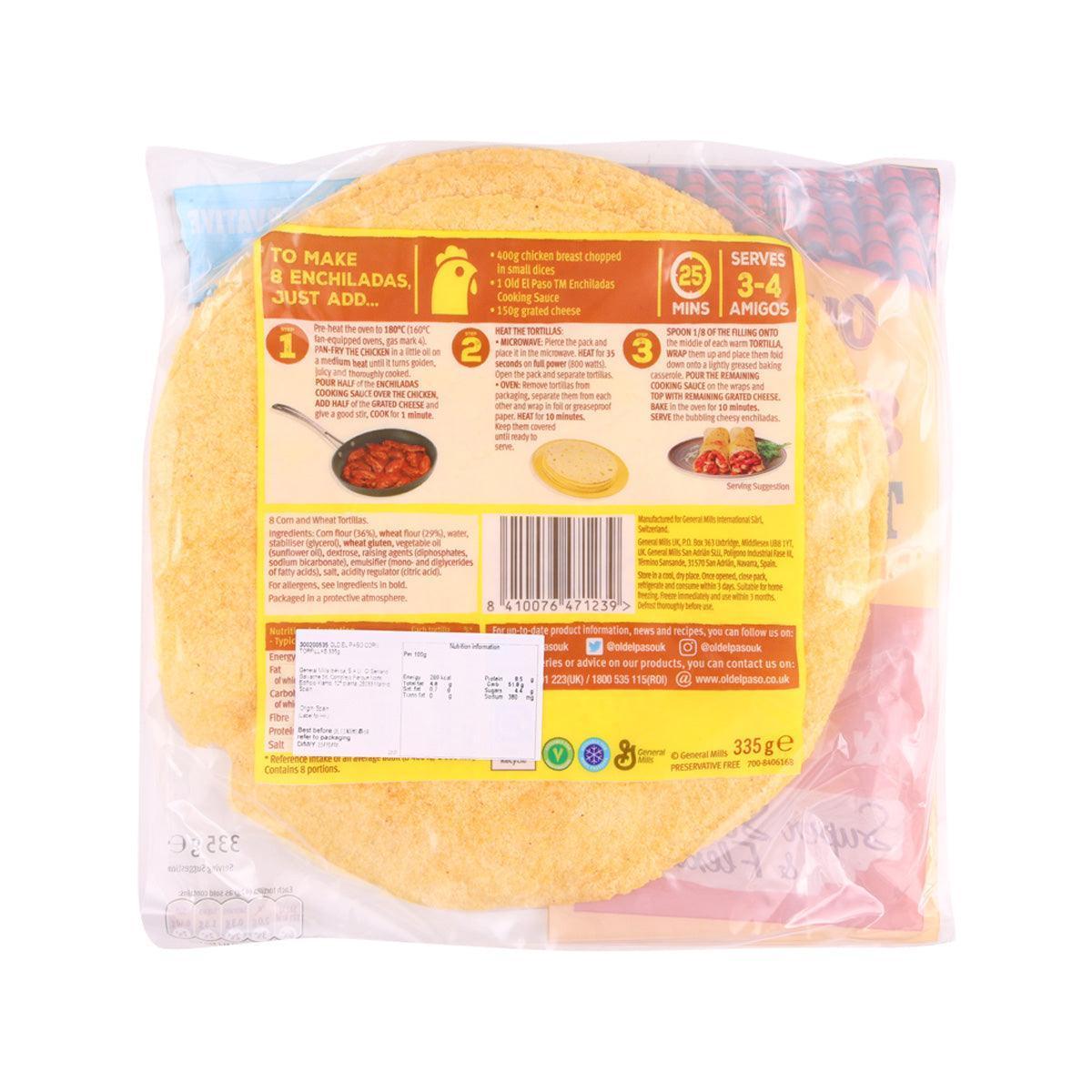 Corn and wheat tortillas pack back view with tortilla circle and serving info