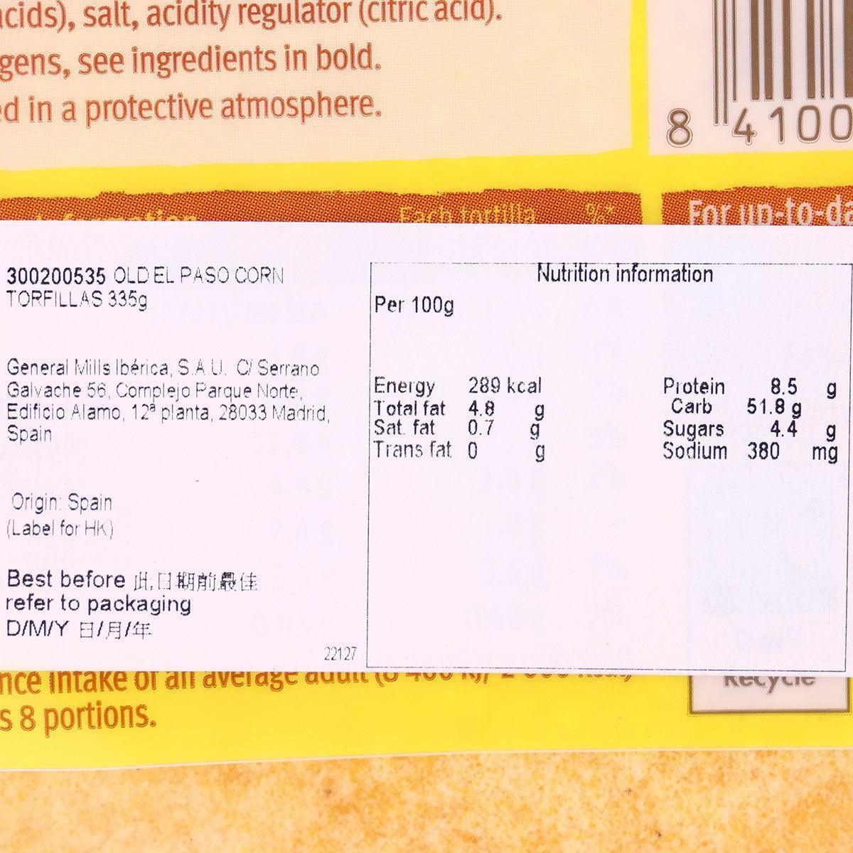 Tortillas nutrition label close-up with ingredients and energy per 100 g