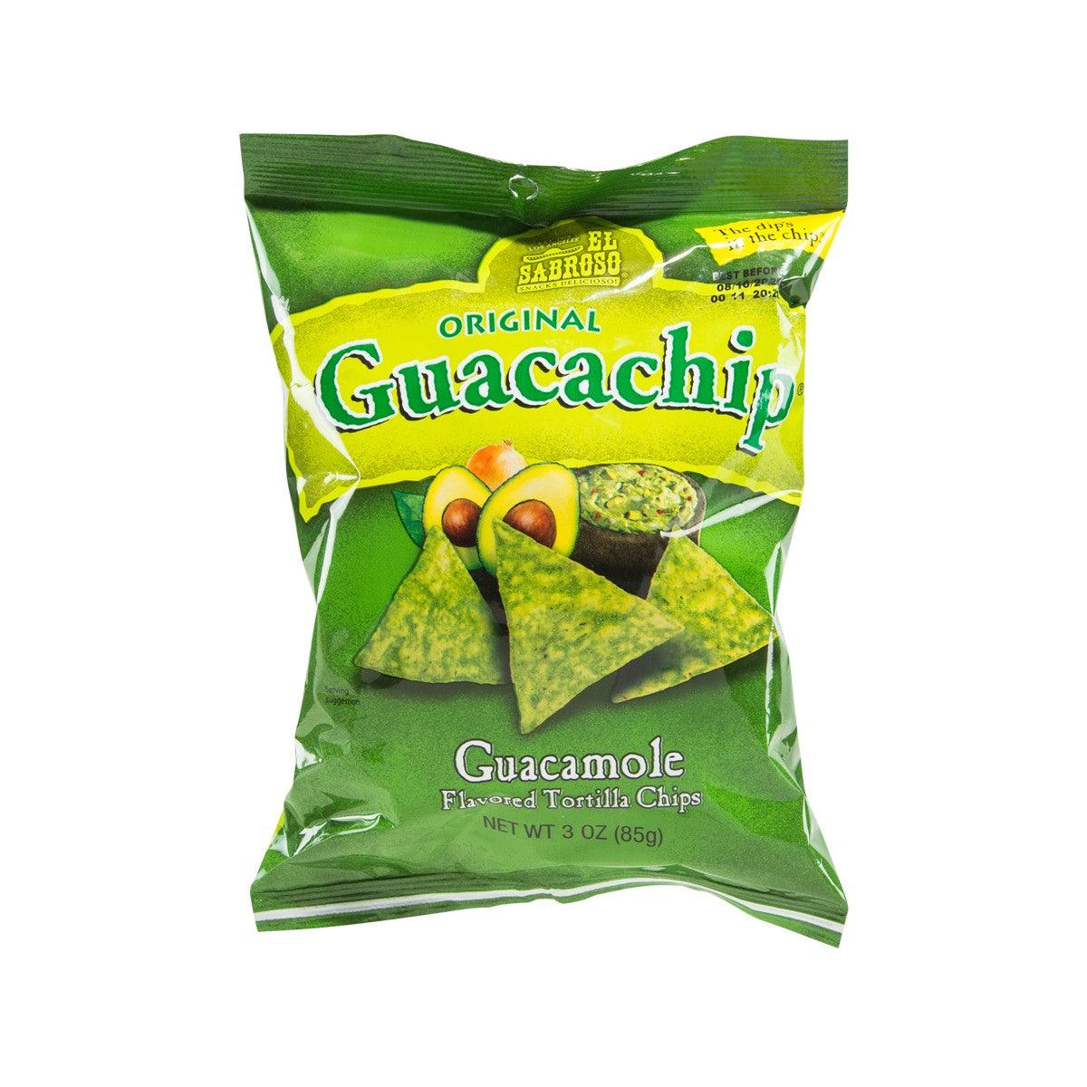 Guacachip guacamole-flavored tortilla chips in green bag with triangle chips graphic