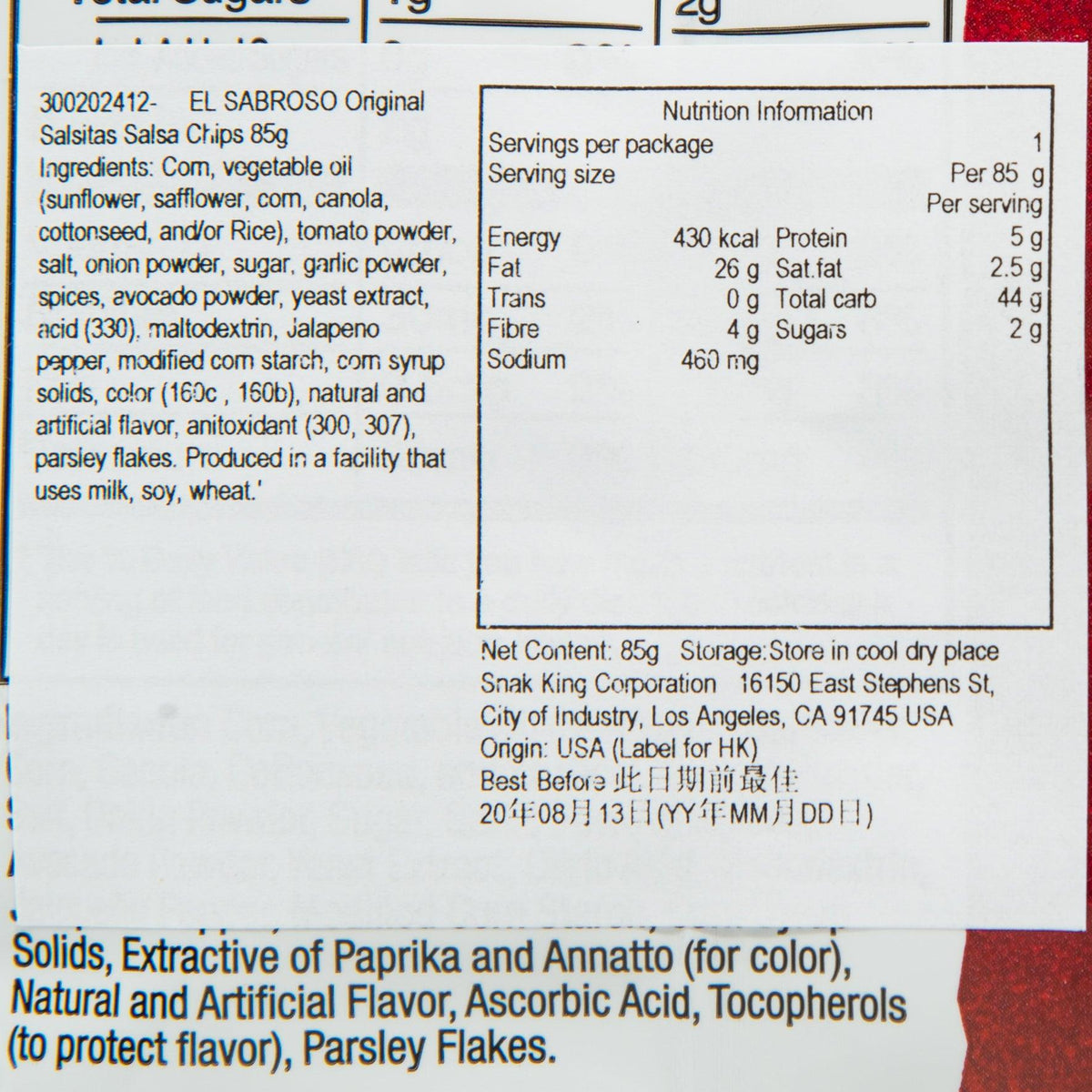 EL SABROSO Original Salsitas back panel with nutrition facts and ingredients