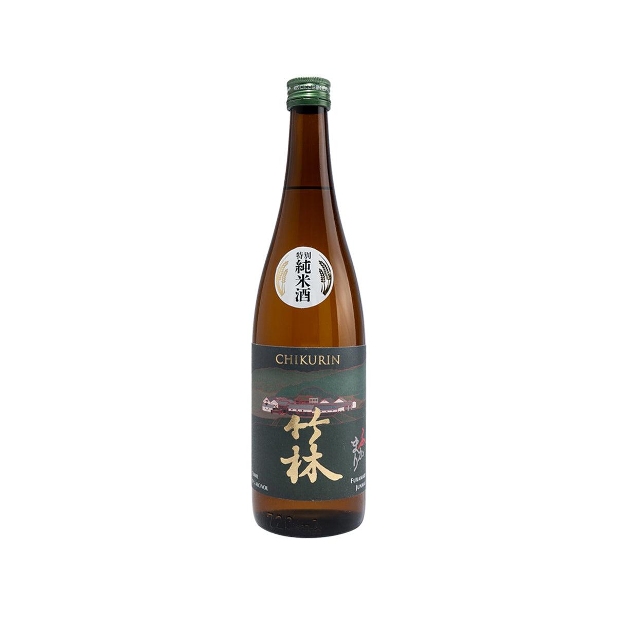 CHIKURIN Fukamari junmai sake bottle with green cap, amber glass and dark label