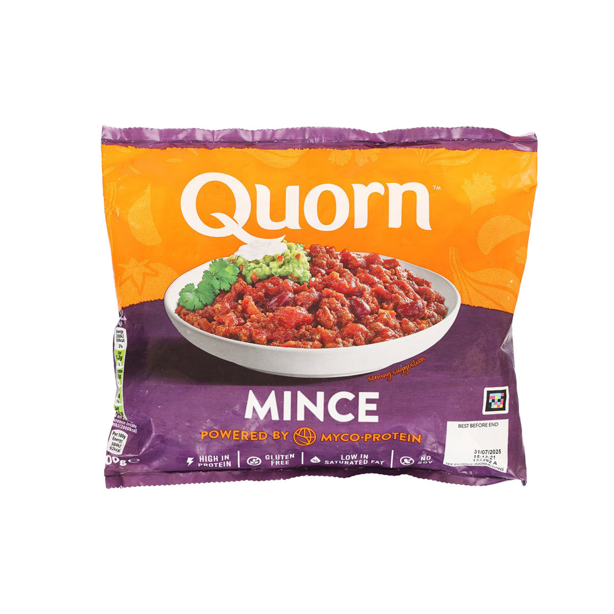 QUORN meat-free mince pouch, orange and purple, with bowl of mince on front