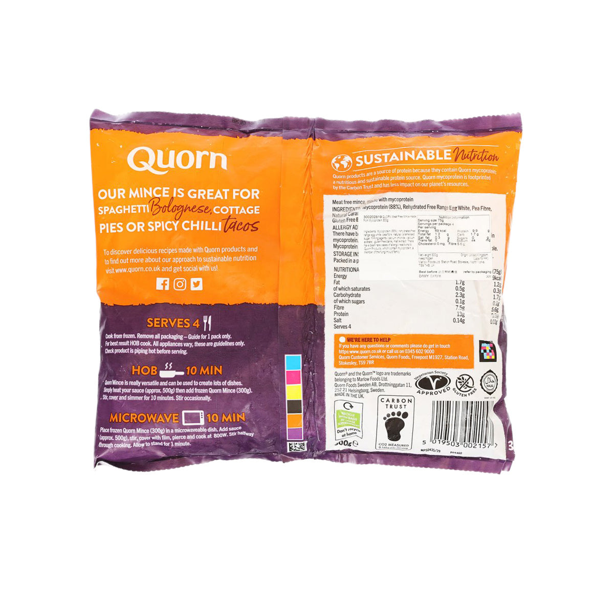 QUORN meat-free mince pouch back, showing cooking times, icons, and nutrition table