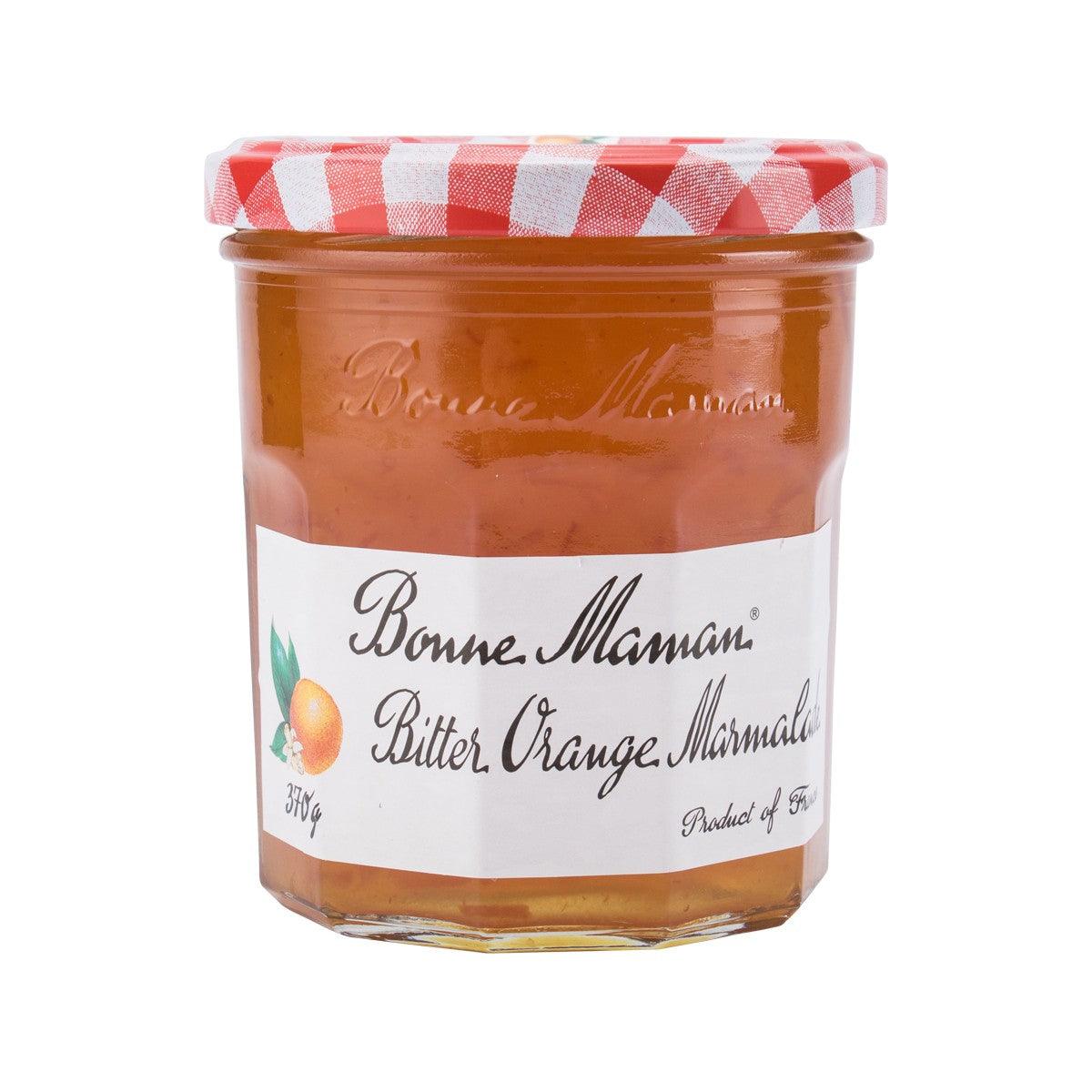 BONNE MAMAN bitter orange marmalade jar with red-check lid, amber jam visible