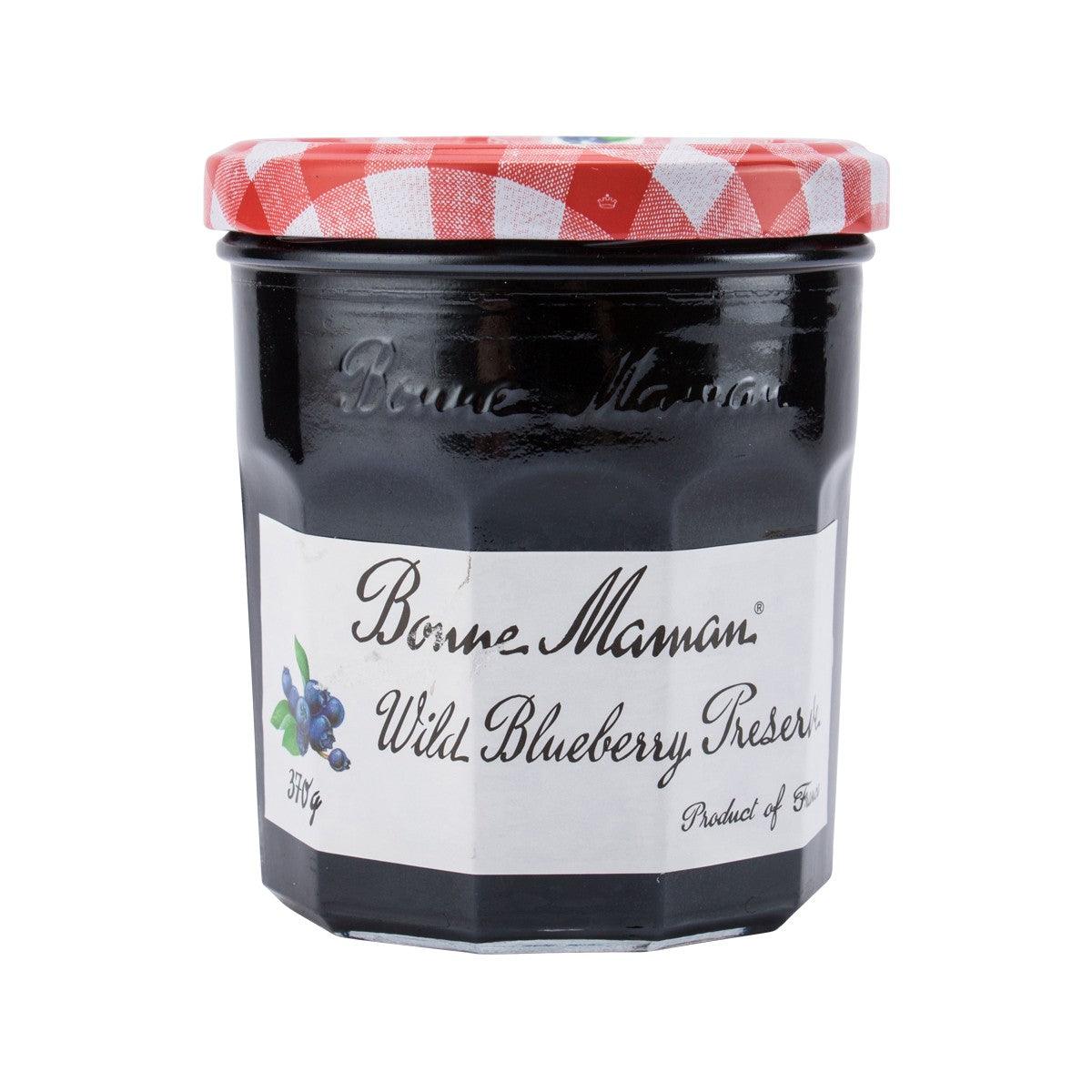 BONNE MAMAN wild blueberry jam jar with red gingham lid and printed label