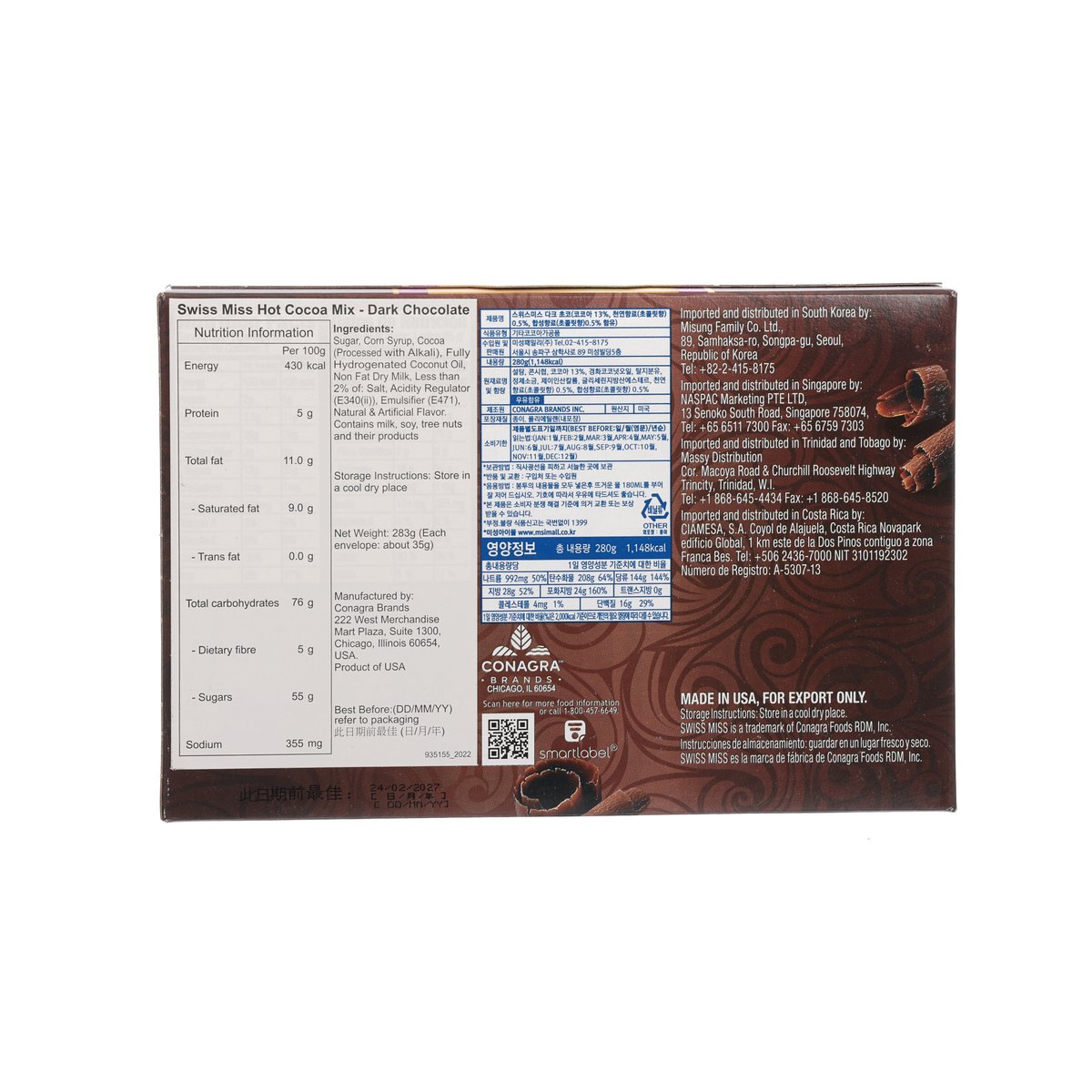 Swiss Miss dark chocolate hot cocoa mix box back with nutrition and ingredients panel