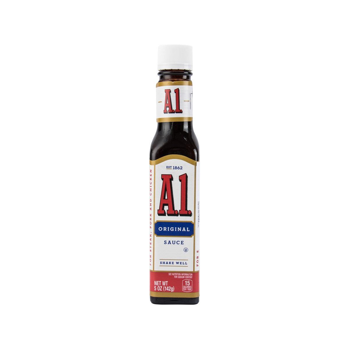 A1 steak sauce bottle, 142g; dark brown with red label and white cap.