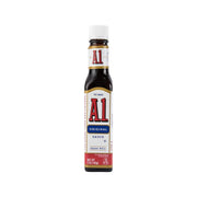 A1 steak sauce bottle, 142g; dark brown with red label and white cap.