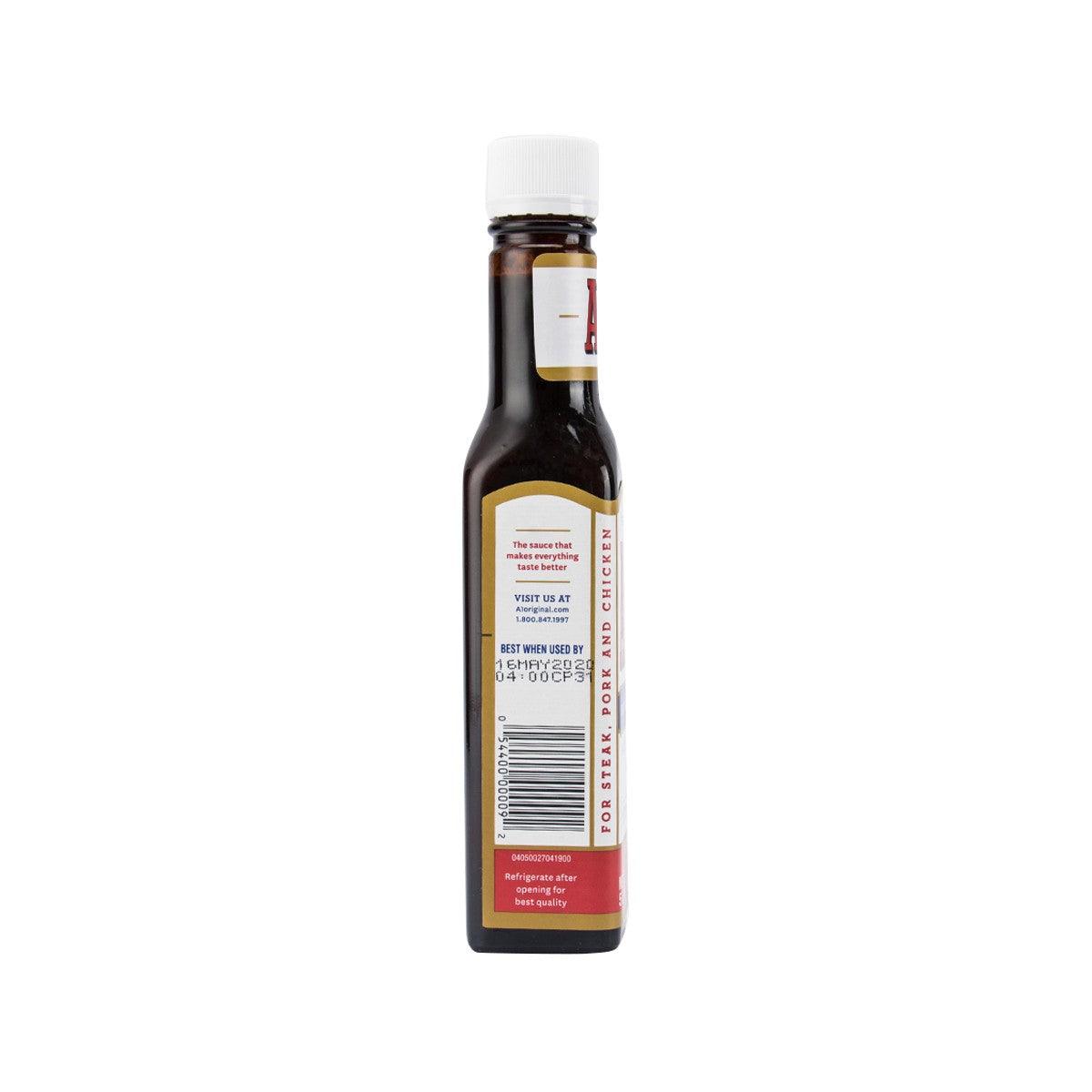 A1 steak sauce bottle, 142g; rear view with nutrition and ingredient panel, white cap.