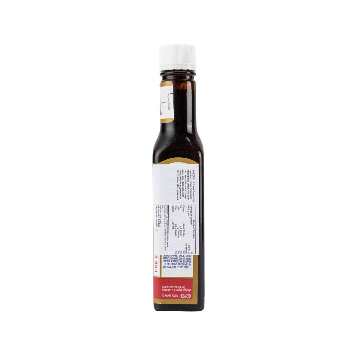 A1 steak sauce bottle, 142g; back label close view with barcode, white cap.