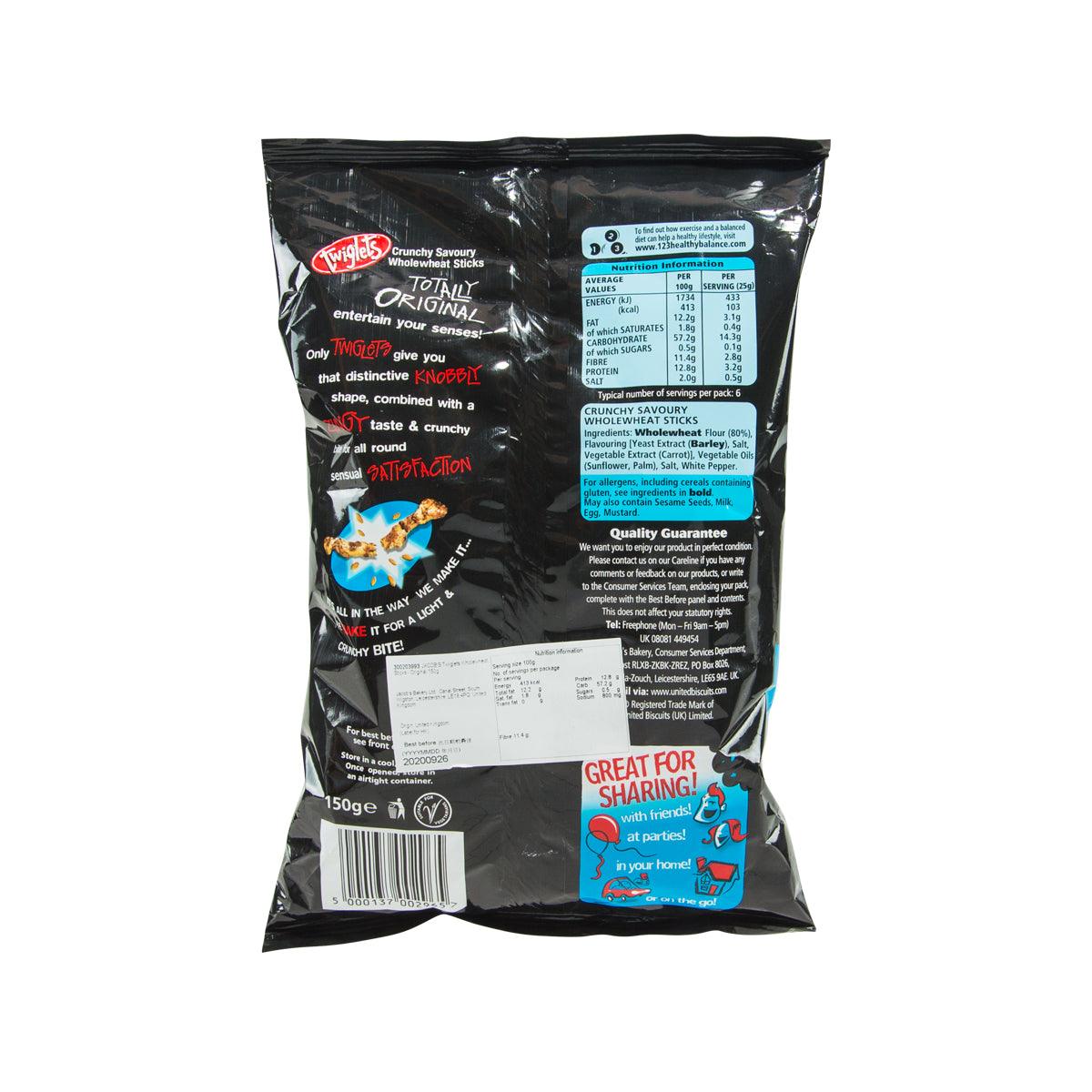 Jacob's Twiglets Original wholewheat sticks back of 150g bag with nutrition info