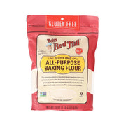 Gluten-free all-purpose baking flour bag, BOB'S RED MILL, red package with front label.
