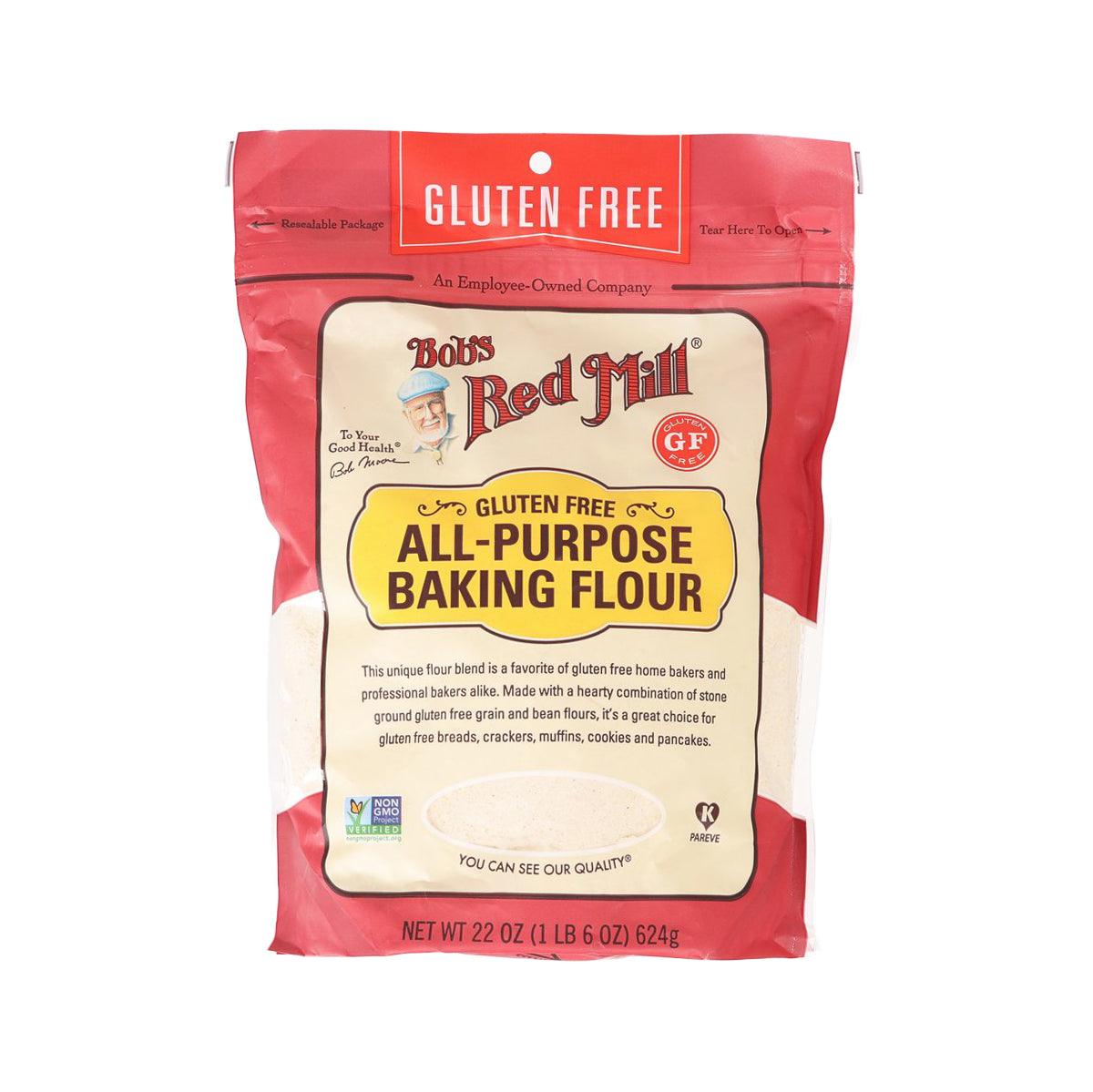 Gluten-free all-purpose baking flour bag, BOB'S RED MILL, red package with front label.