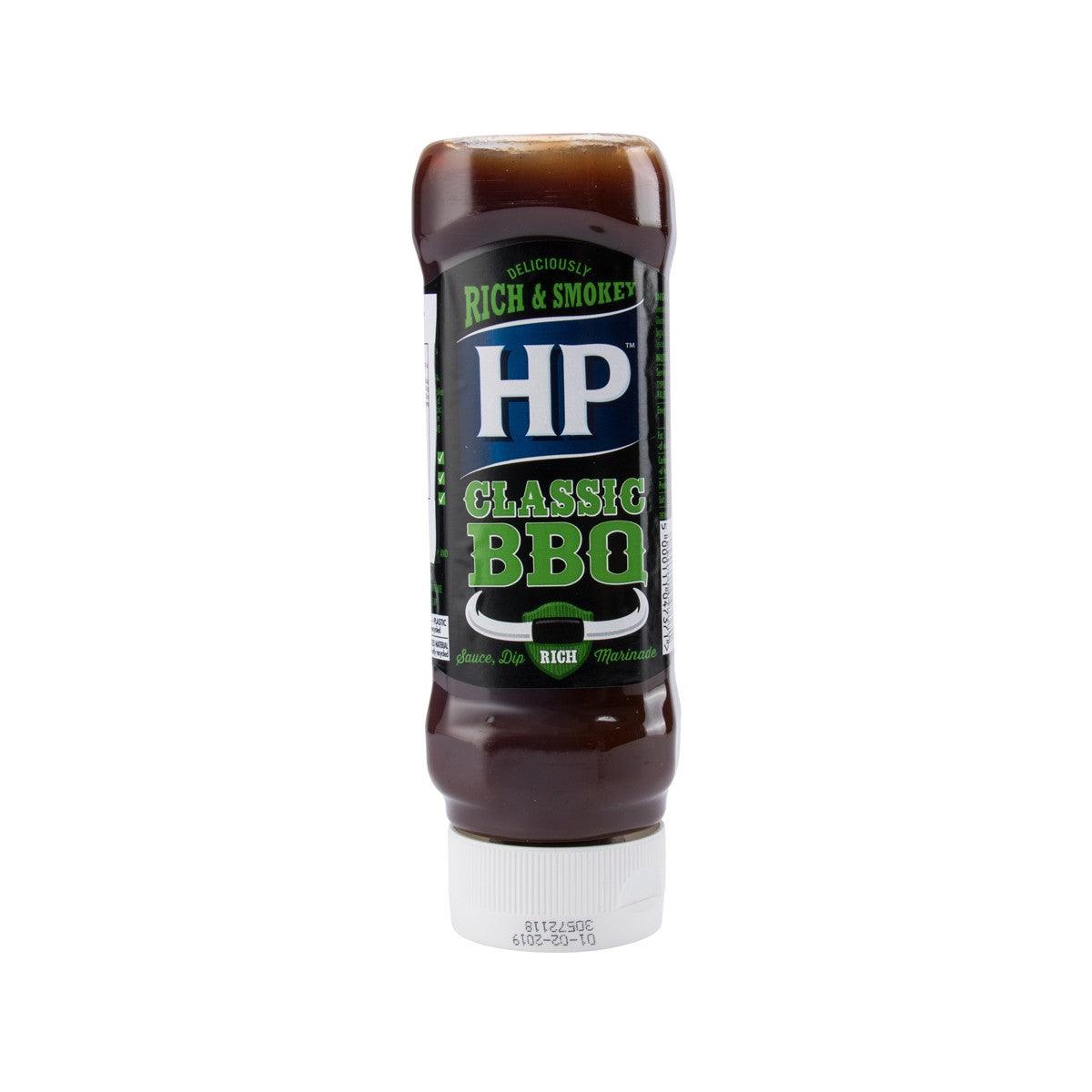 BBQ sauce bottle with HP Classic BBQ label and woodsmoke flavor, 465g size