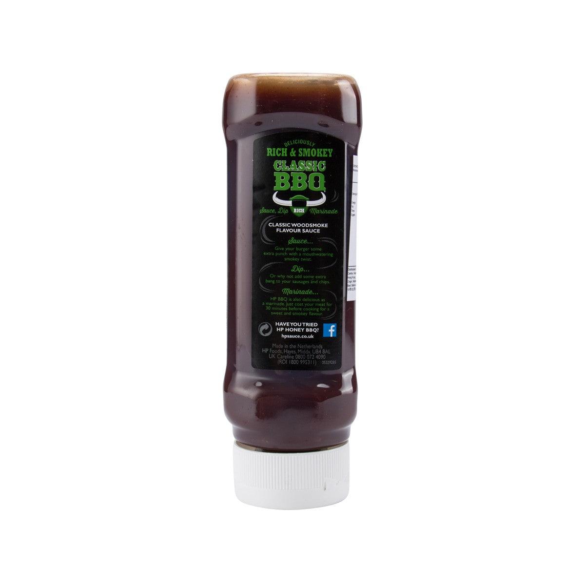 HP BBQ sauce bottle with back label visible; dark brown woodsmoke flavor sauce