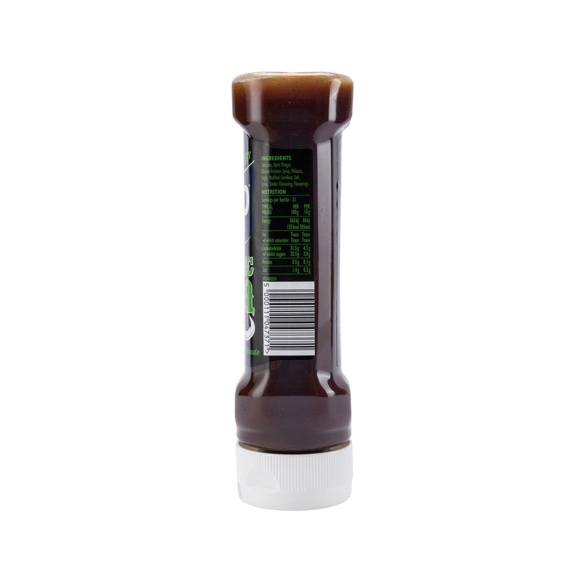 HP BBQ sauce bottle with barcode and side label; dark brown sauce