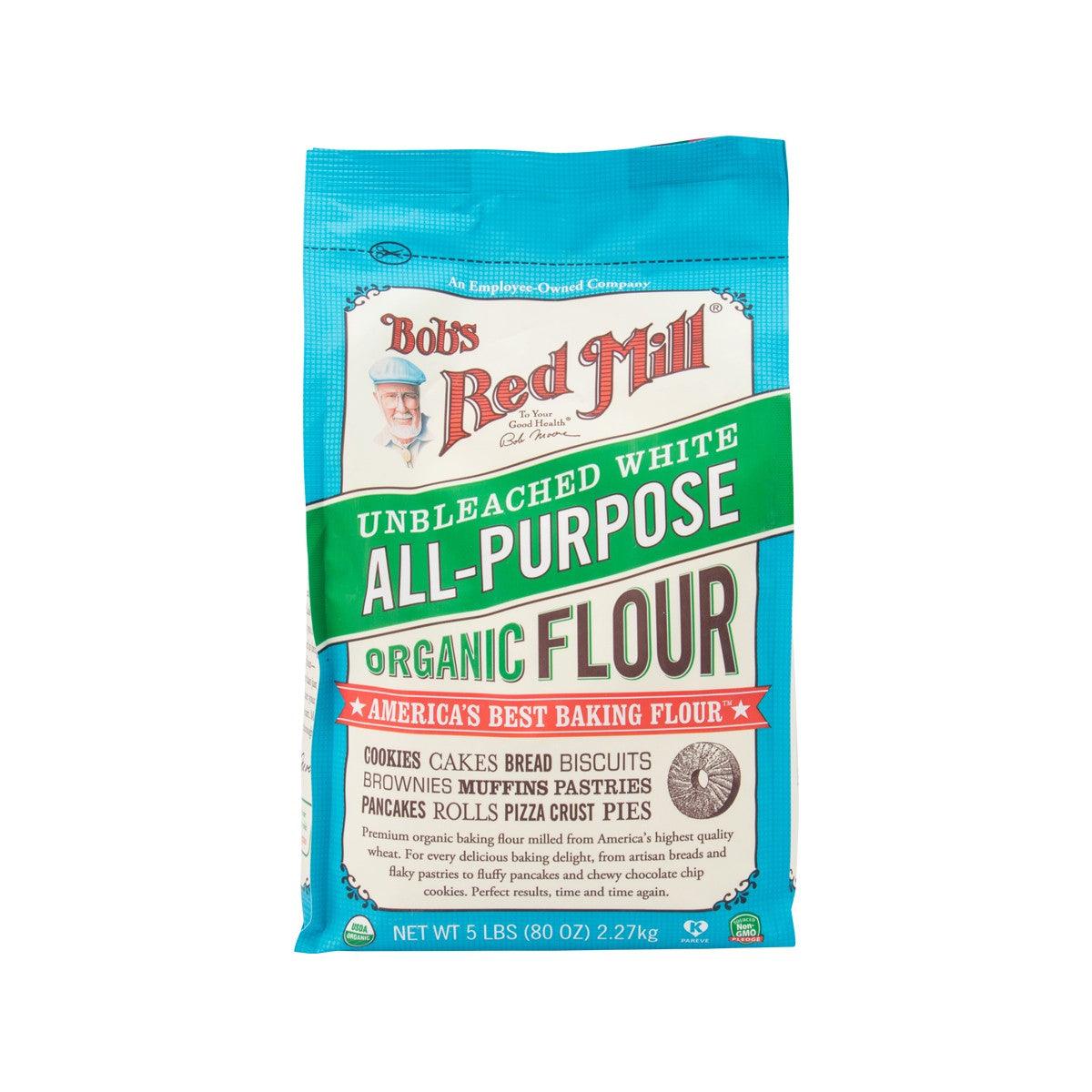 BOB'S RED MILL unbleached all-purpose organic flour bag, 2.27 kg, front label