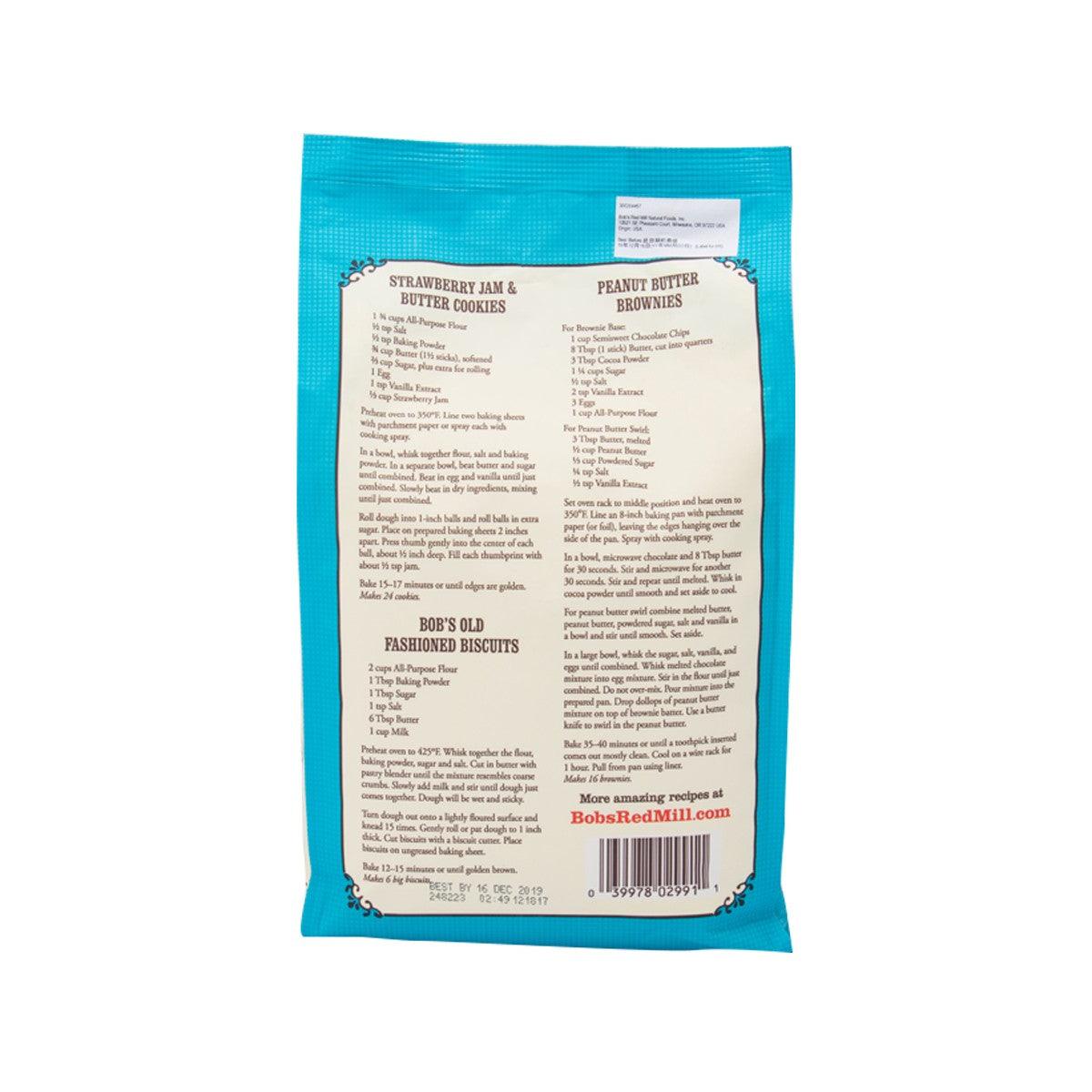 BOB'S RED MILL flour bag back panel with ingredient and nutrition text, 2.27 kg