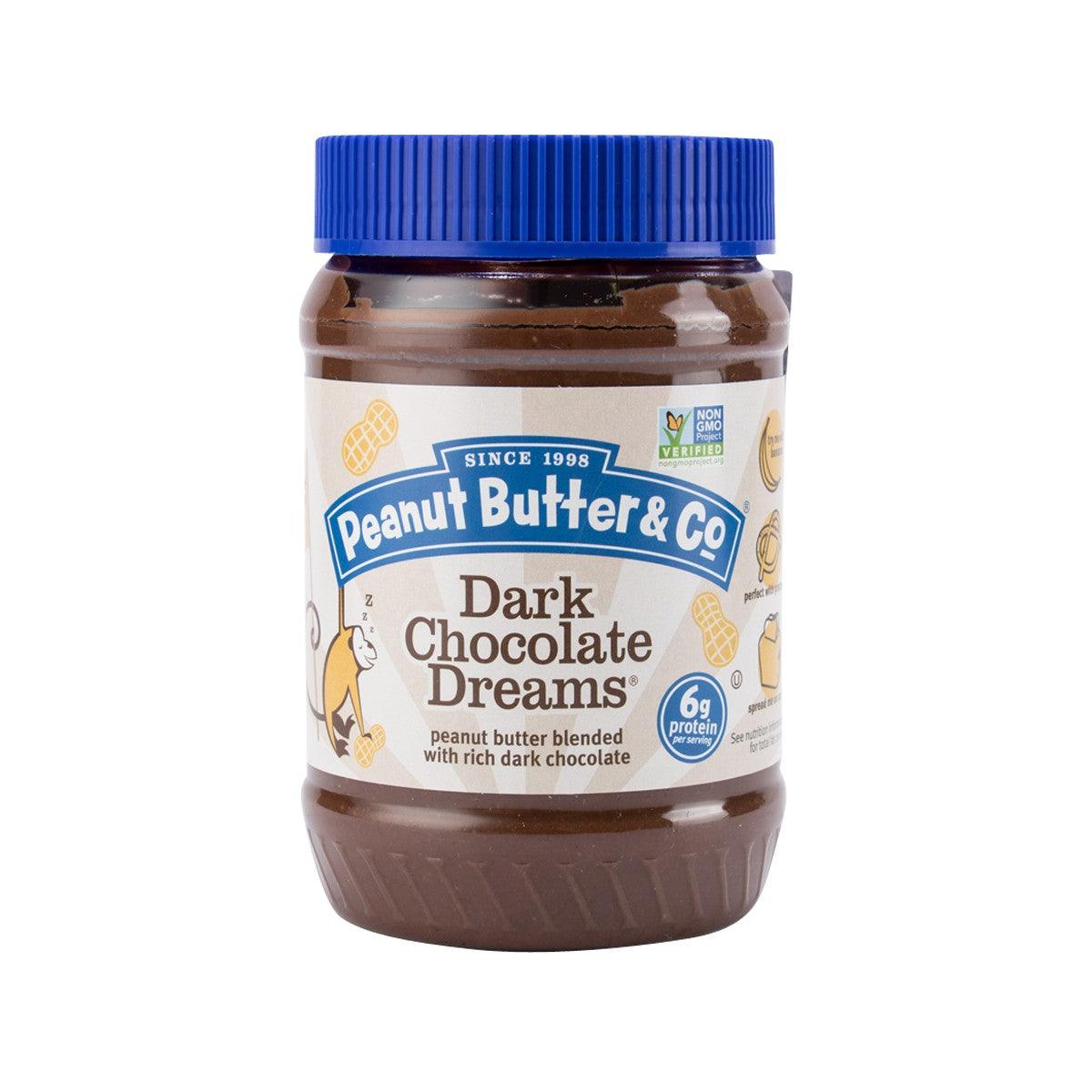 Peanut Butter & Co dark chocolate dreams peanut butter jar with blue lid, front label
