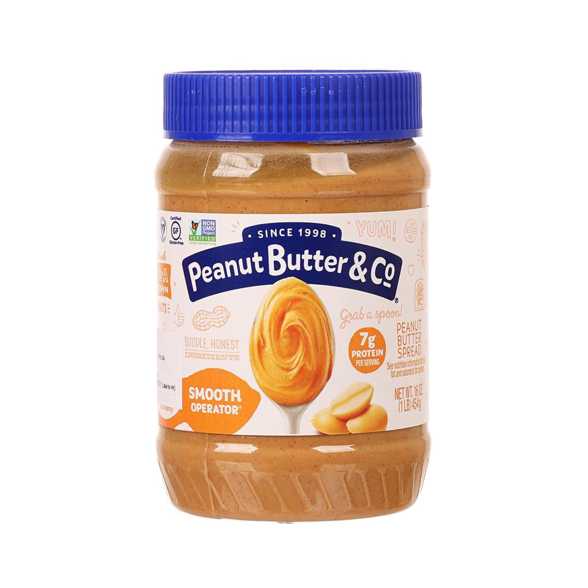 Peanut Butter & Co Smooth Operator peanut butter spread jar, blue lid, front label view