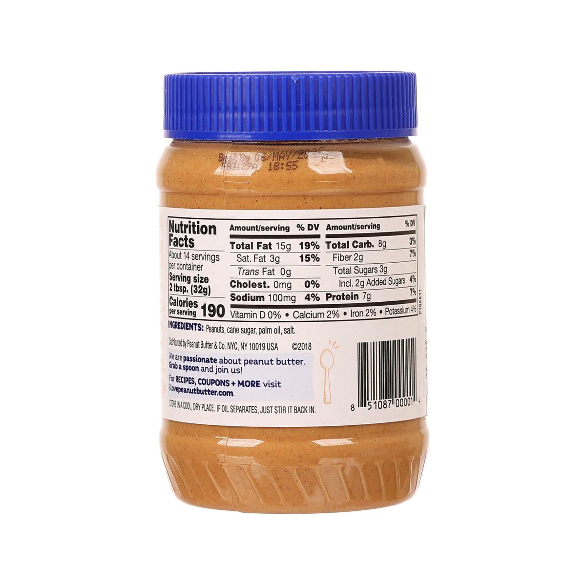 Peanut Butter & Co peanut butter spread jar, blue lid, nutrition facts back label