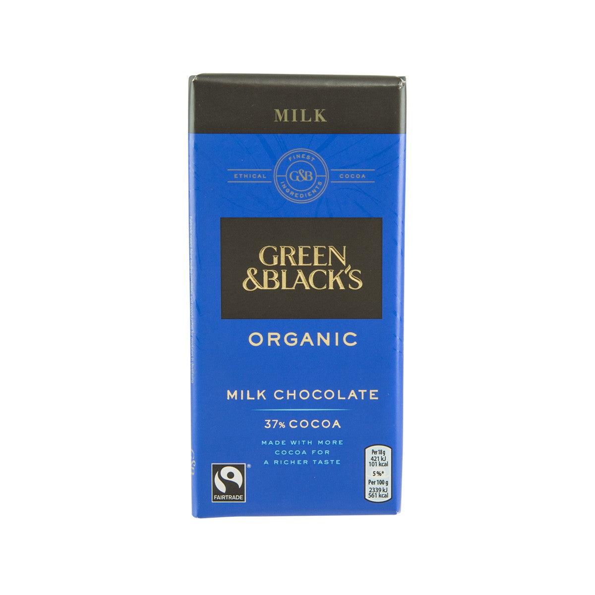 Green & Black's organic milk chocolate bar in blue carton, 37% cocoa, 90g