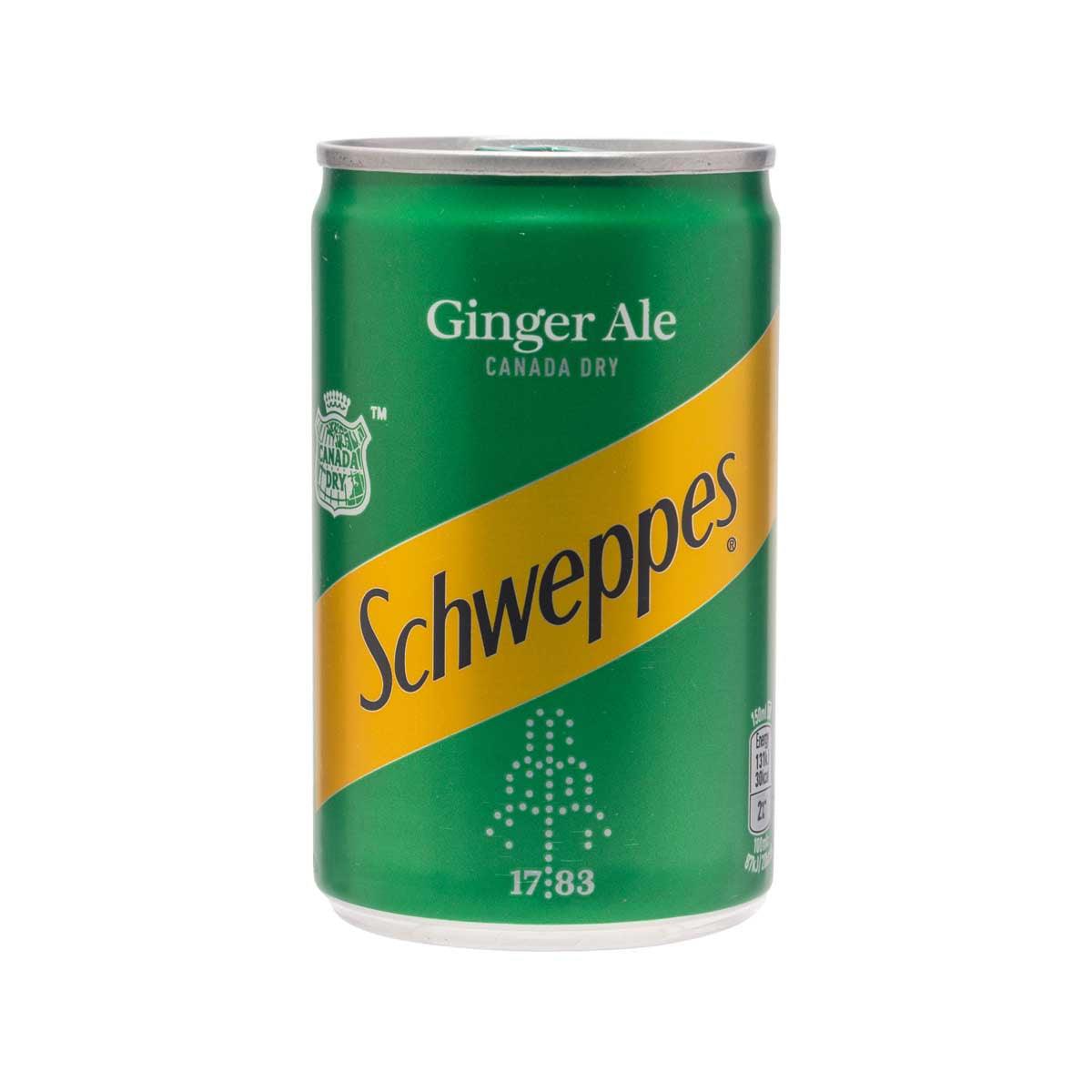 Ginger ale soda can, green with Schweppes and Canada Dry branding, 150 mL