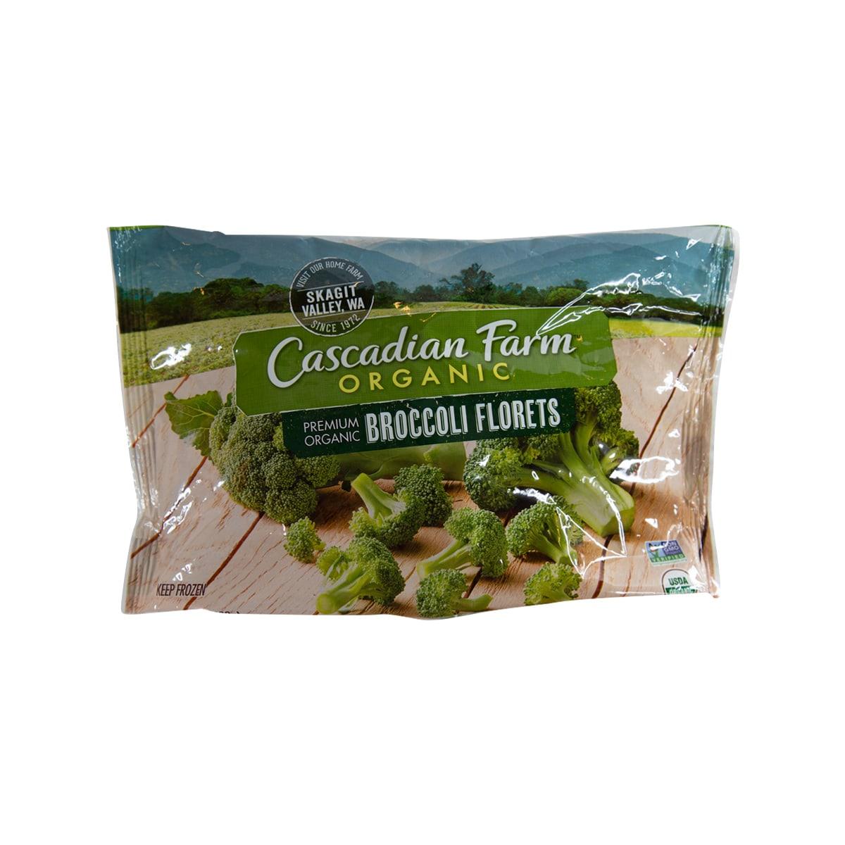 Frozen organic broccoli florets bag with broccoli florets on the front
