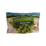 Frozen organic broccoli florets bag with broccoli florets on the front