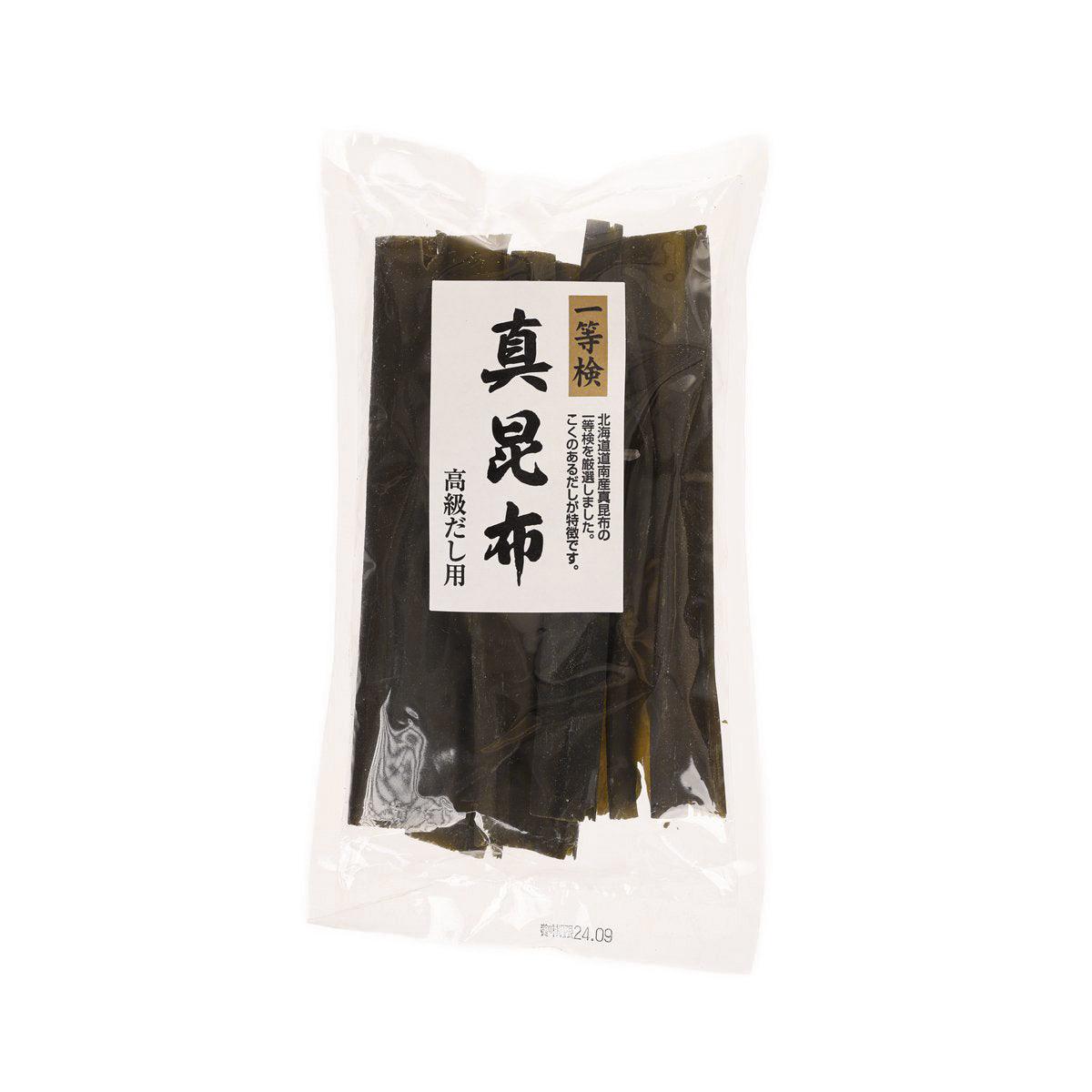 Dried kelp sheets package with black seaweed pieces and front label
