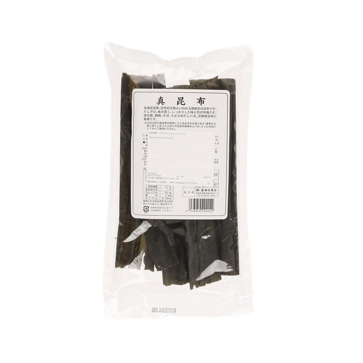 Dried kelp sheets pouch with back label, barcode, and black seaweed pieces