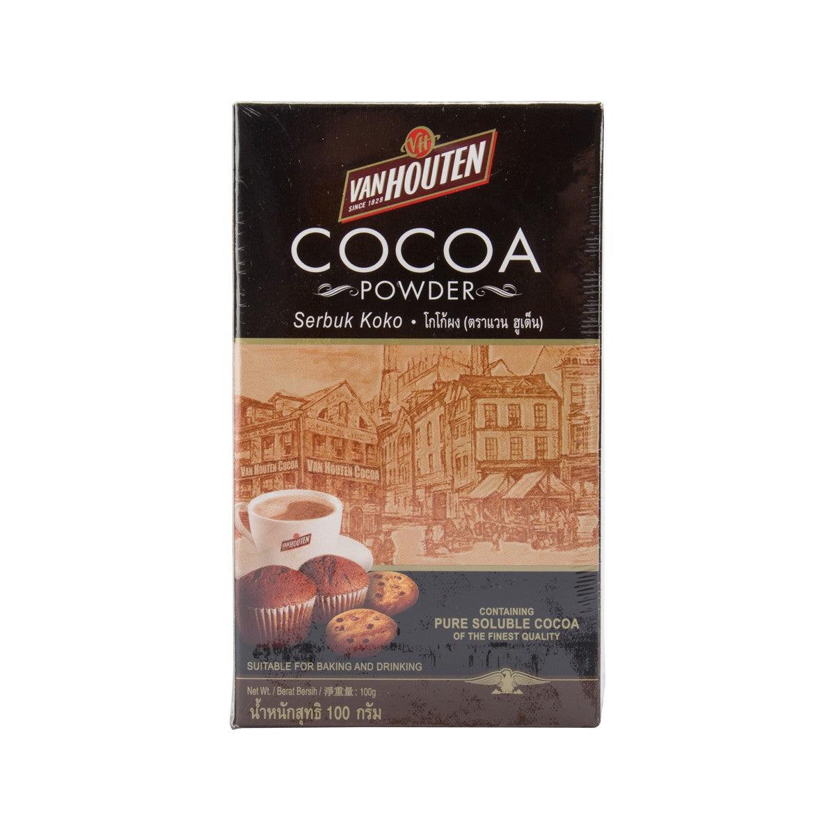 VAN HOUTEN soluble cocoa powder carton, dark brown with cocoa and city print