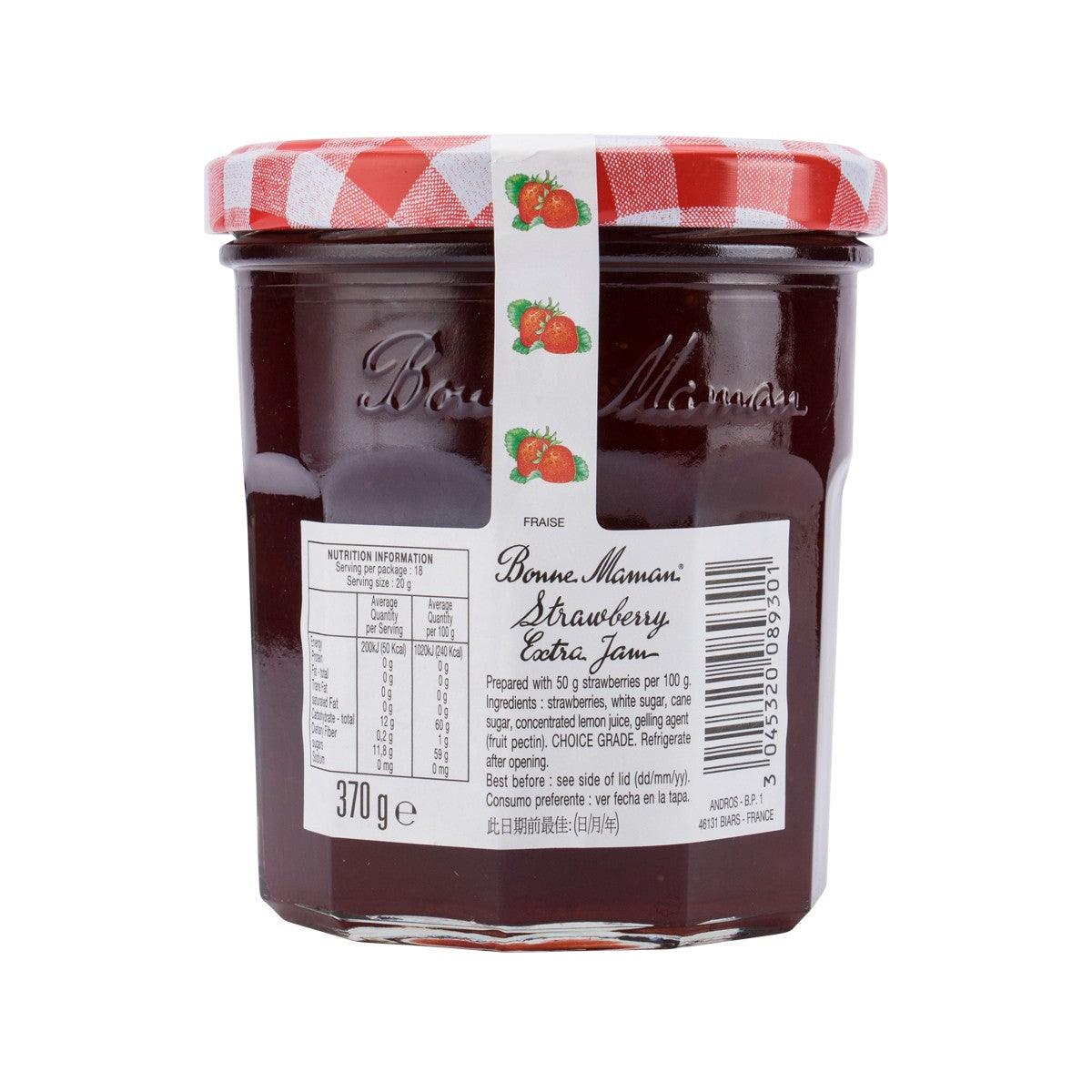 BONNE MAMAN strawberry extra jam jar, back label with nutrition info, 370g