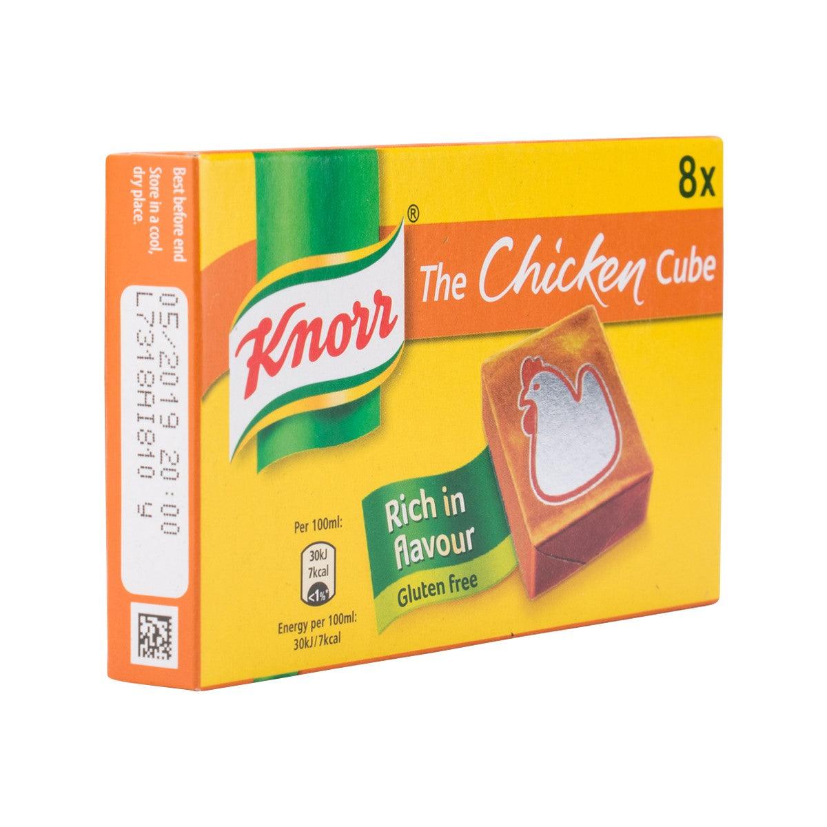 KNORR chicken cube stock box side with 8x, nutrition panel, gluten free