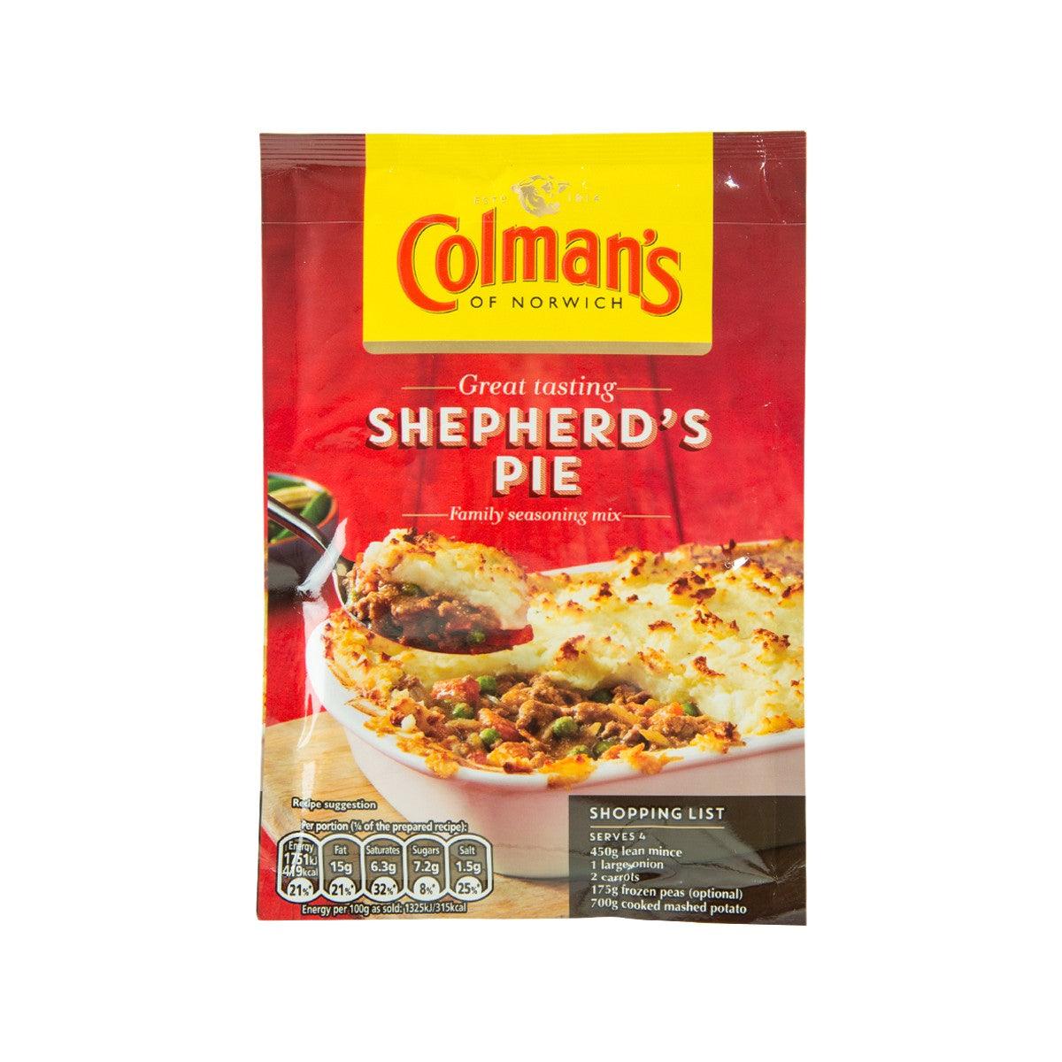 COLMAN'S Shepherd's Pie seasoning mix pouch, red with logo and prepared pie photo