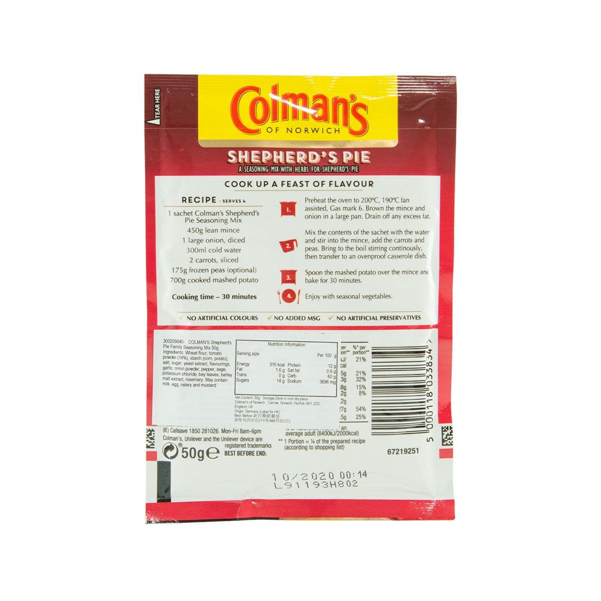 COLMAN'S Shepherd's Pie seasoning mix pouch back, with ingredients and cooking directions