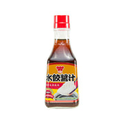 Dumpling sauce bottle with red cap and front label, amber-brown sauce