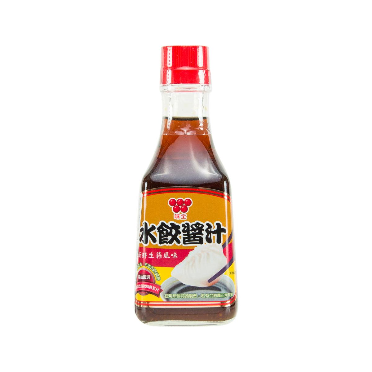 Dumpling sauce bottle with red cap and front label, amber-brown sauce