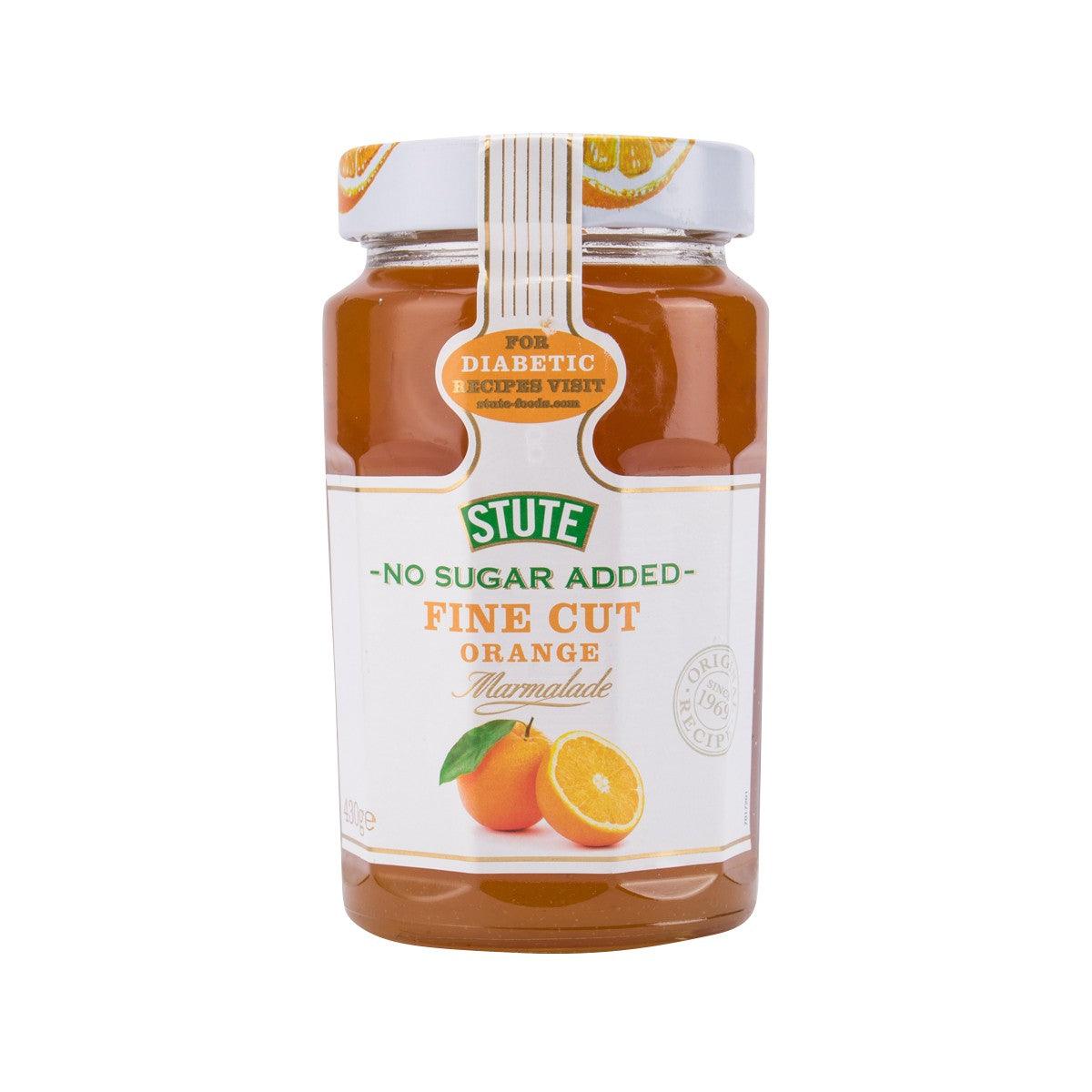 STUTE no-sugar-added fine cut orange marmalade jar, front label, 430g