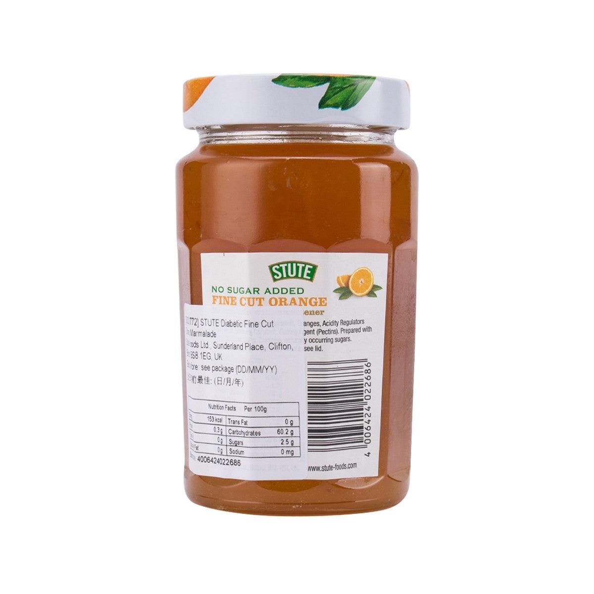STUTE no-sugar-added fine cut orange marmalade jar, back label and ingredients