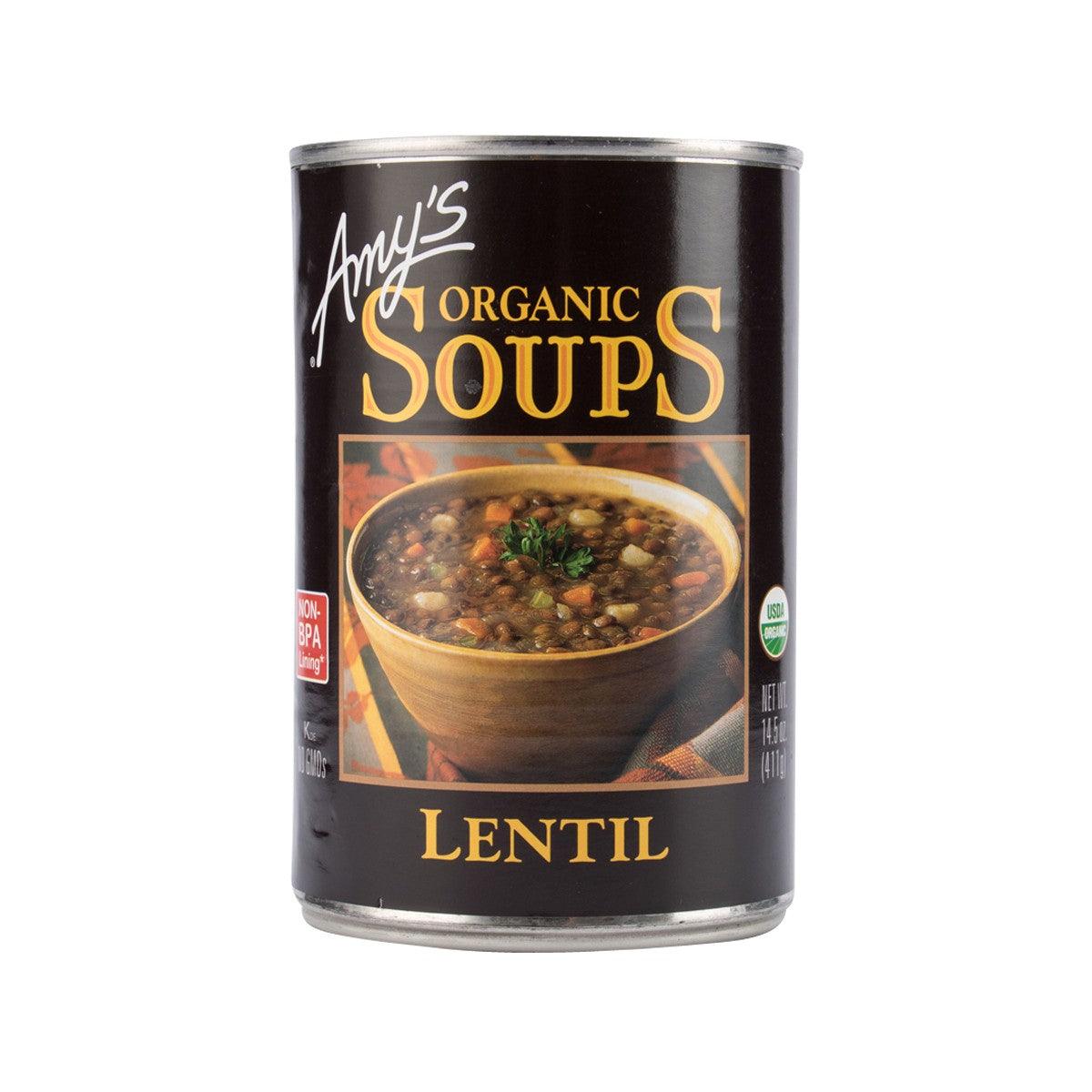 AMY'S KITCHEN organic lentil soup can with front label