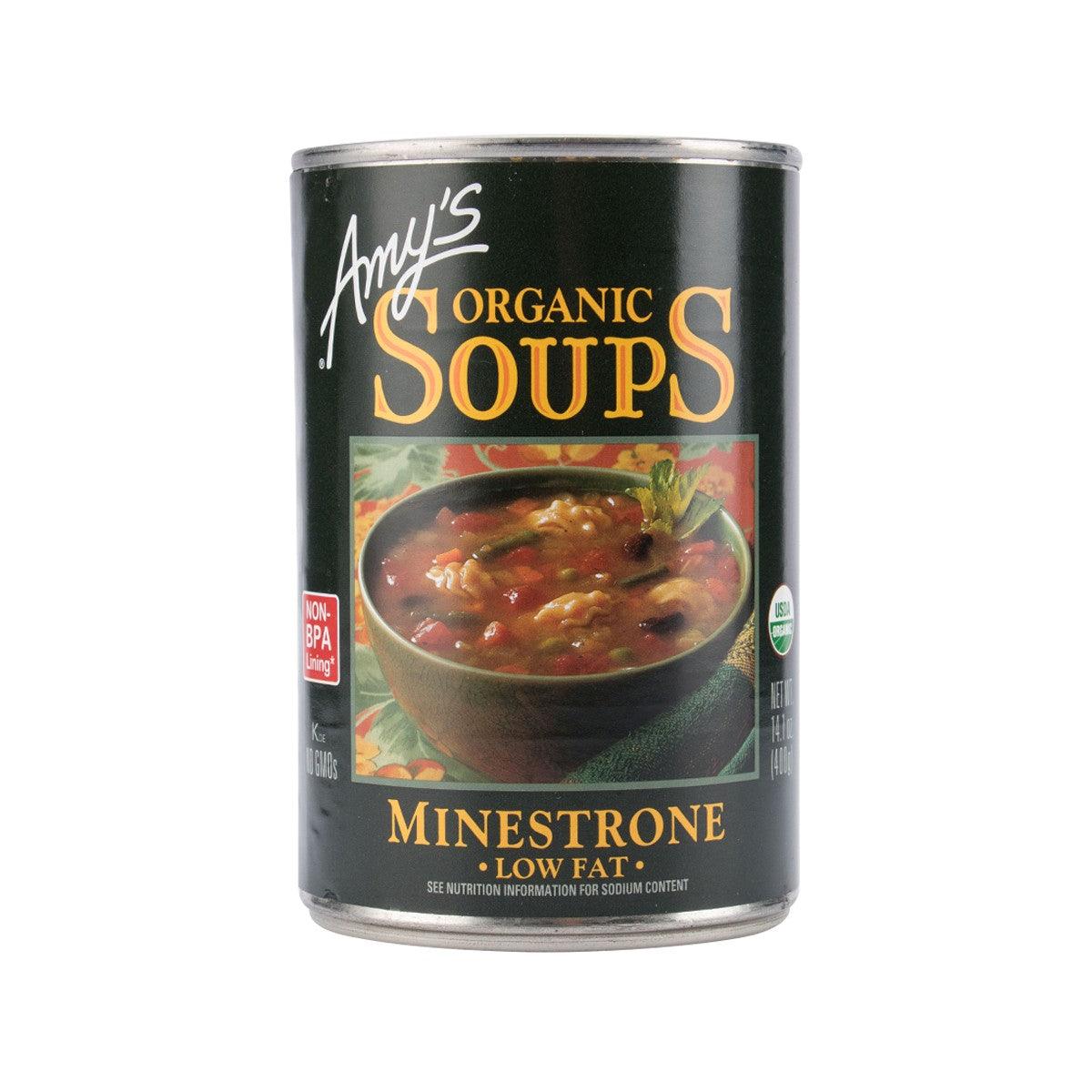 Amy's Organic Soups low-fat minestrone soup can, front label