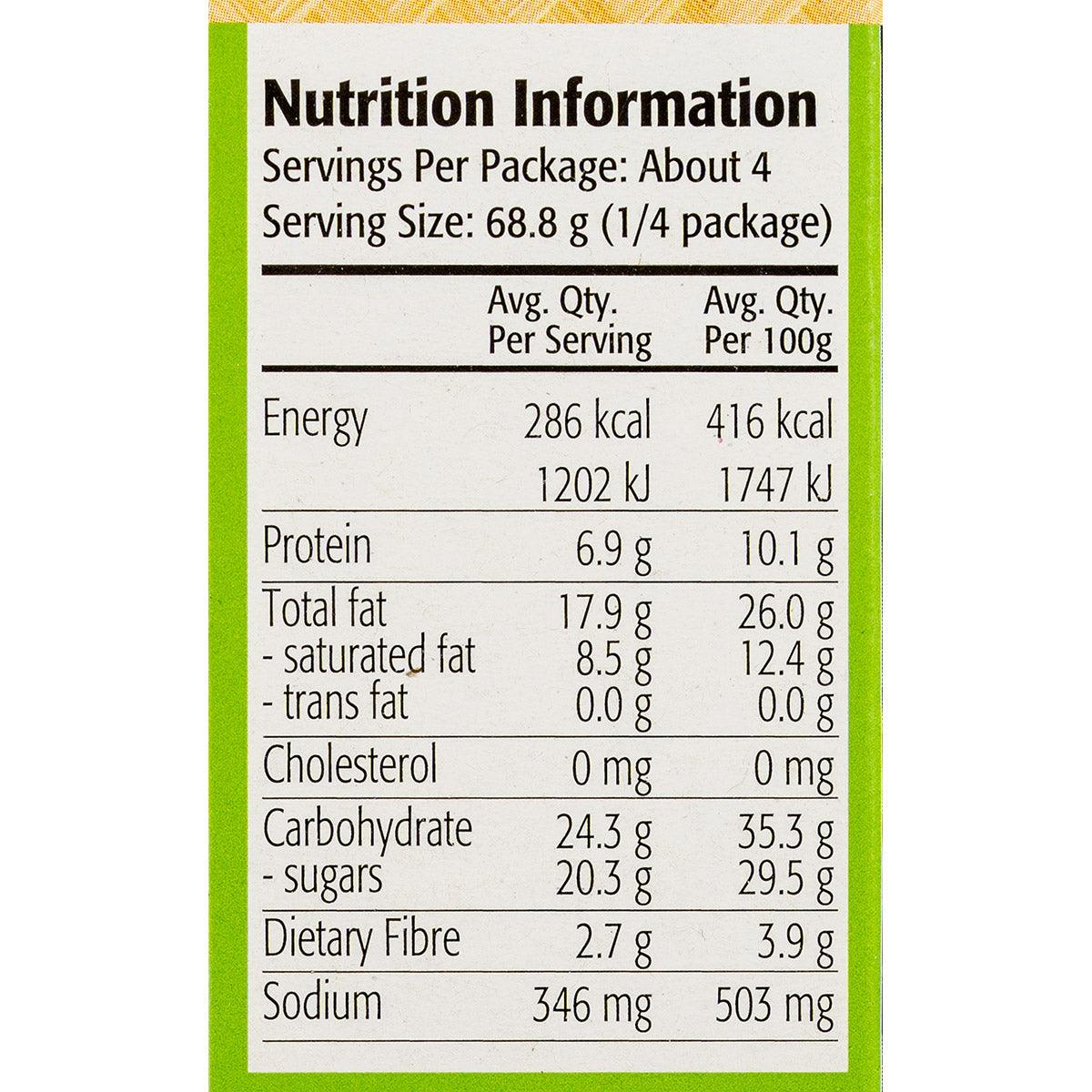 Nutrition information table: servings per package and values for energy, protein, fat