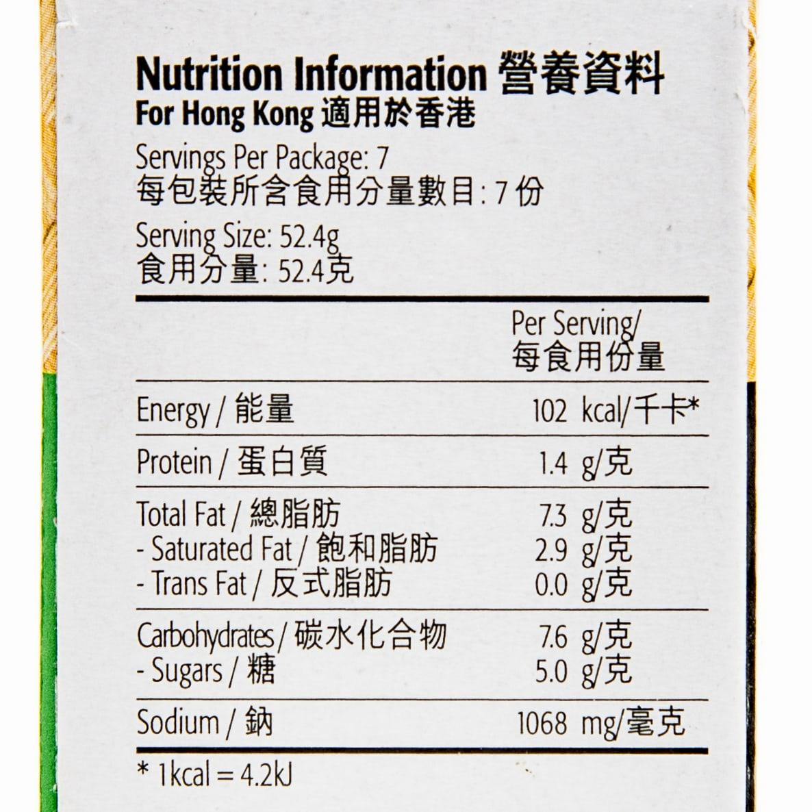 Nutrition information panel for Hong Kong, per serving calories, protein, carbs, fat