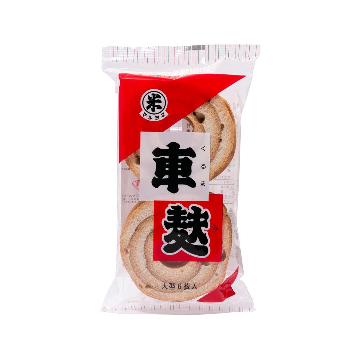 Roasted wheat gluten snack bag with wheel-shaped crackers, red-and-white packaging.