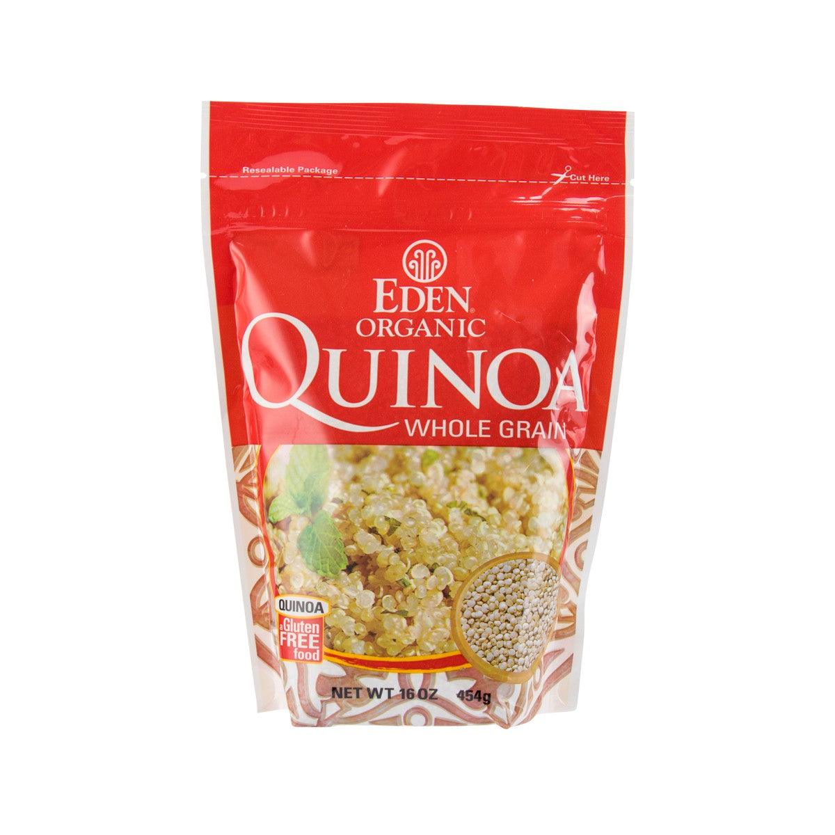 Organic whole grain quinoa bag, red and white pouch with Eden logo